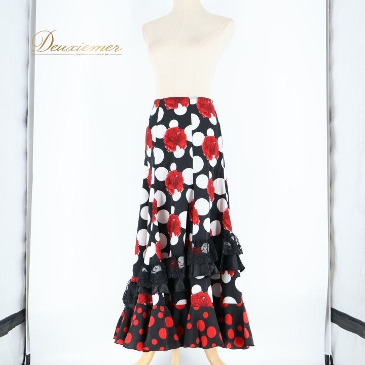 フラメンコ デザイナーズファルダ ブラック花柄　オーガンジーレースフリル フラメンコ デザイナーズファルダ ブラック花柄 オーガンジーレースフリル