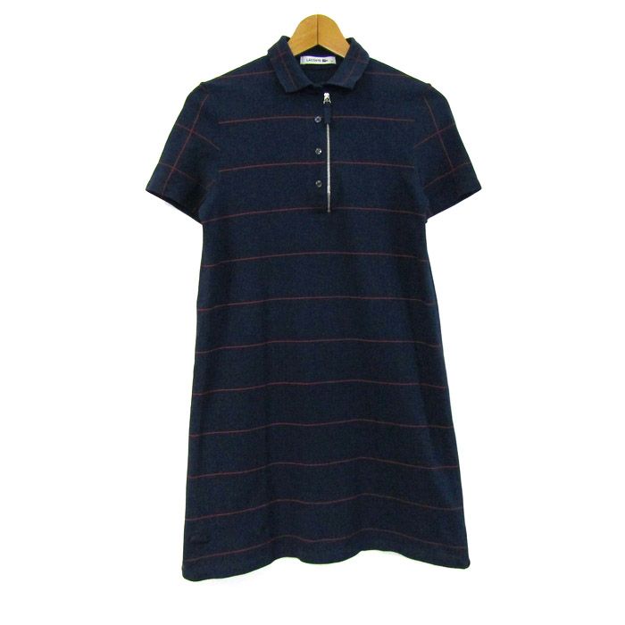 ラコステ ワンピース トップス 半袖 ポロワンピ ボーダー柄 レディース 36サイズ ネイビー LACOSTE