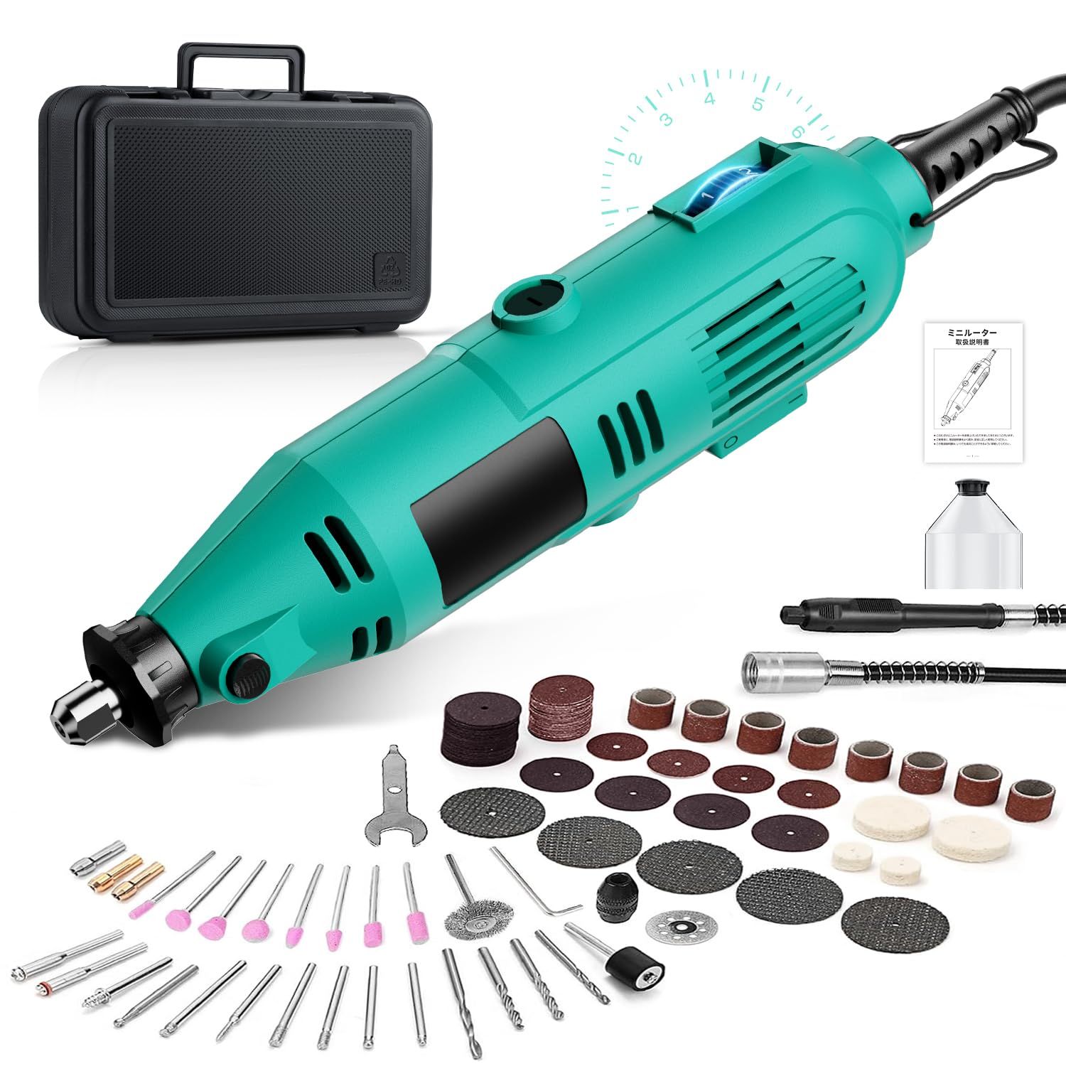 ミニルーター 6段変速 40000RPM回転|分 リューター 電動 ルーター 工具 電動リューター 124PCS 軽量 DIY創作用 切断|木工|穴あけ|彫刻|切断|切削|研磨|汚れ落とし|錆落とし|細工物 収納ケース付 日本語取扱説明書付き Gre