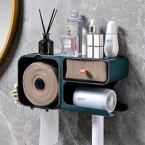 dark green バスルームラックトイレフェイスタオル収納ボックス多機能壁掛け防水収納ラック引き出しフェイシャルティッシュヘアドライヤーラック大容量ファッションと便利なラック (dark gree