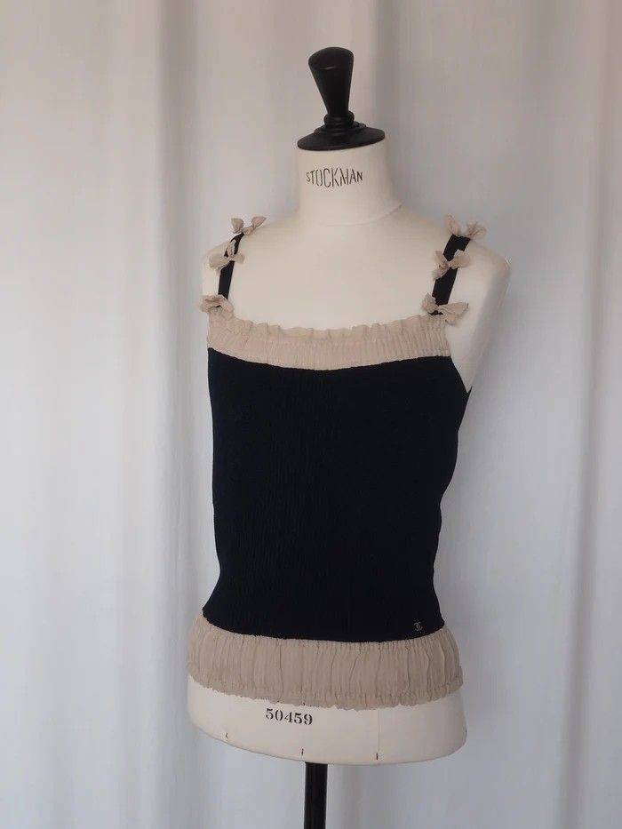 CHANEL Ribbon Strap Knit Camisole シャネル リボン ストラップ ニットキャミソール ネイビー ピンクベージュ ヴィンテージ