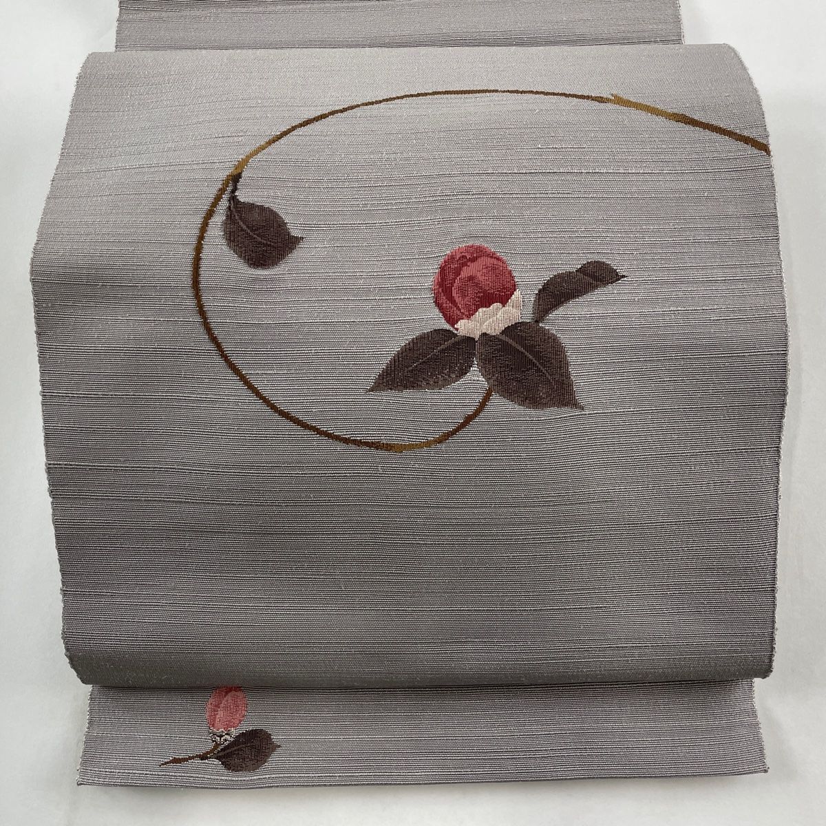 名古屋帯 秀品 八寸名古屋帯 松葉仕立て 縞 花唐草 灰紫 正絹