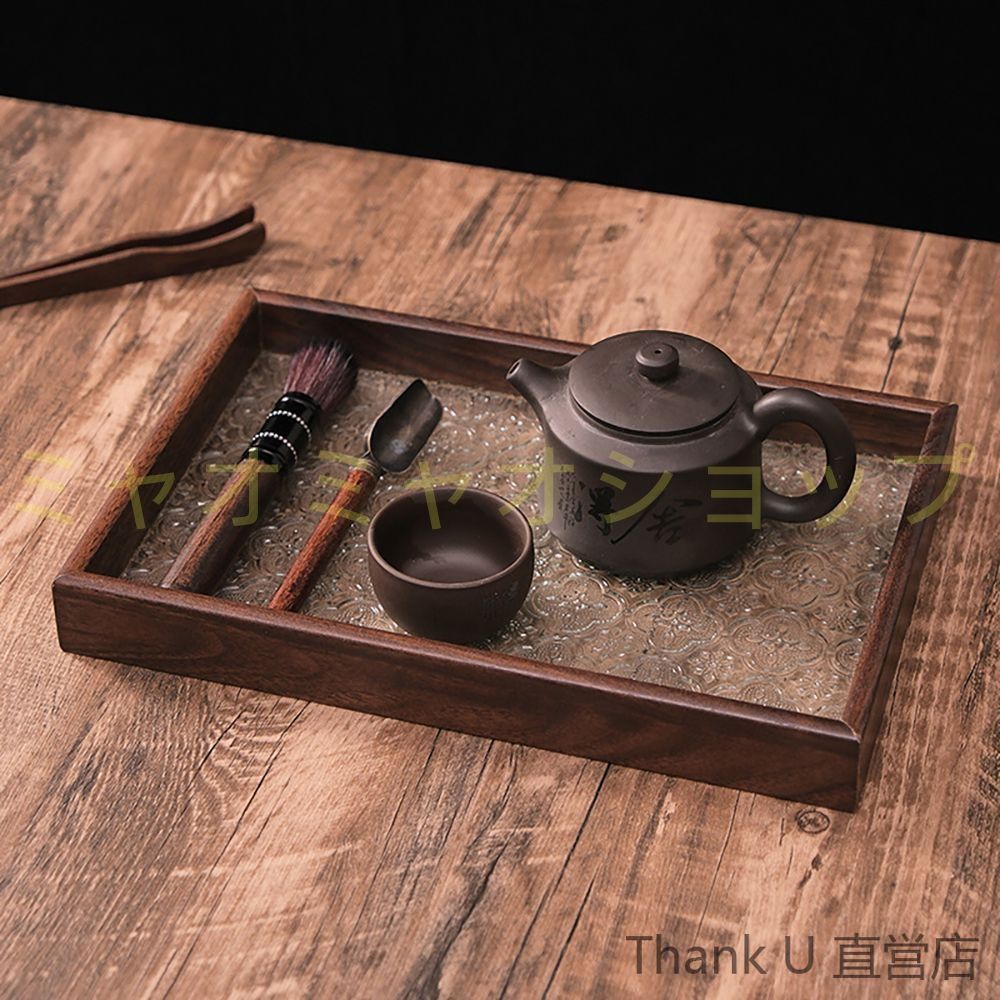 玉川堂　黒い花彫刻付きインテリアトレイ　未使用品 美品 「カイドウの花」トレー ガラス 矩形 トレイ 木製 お盆