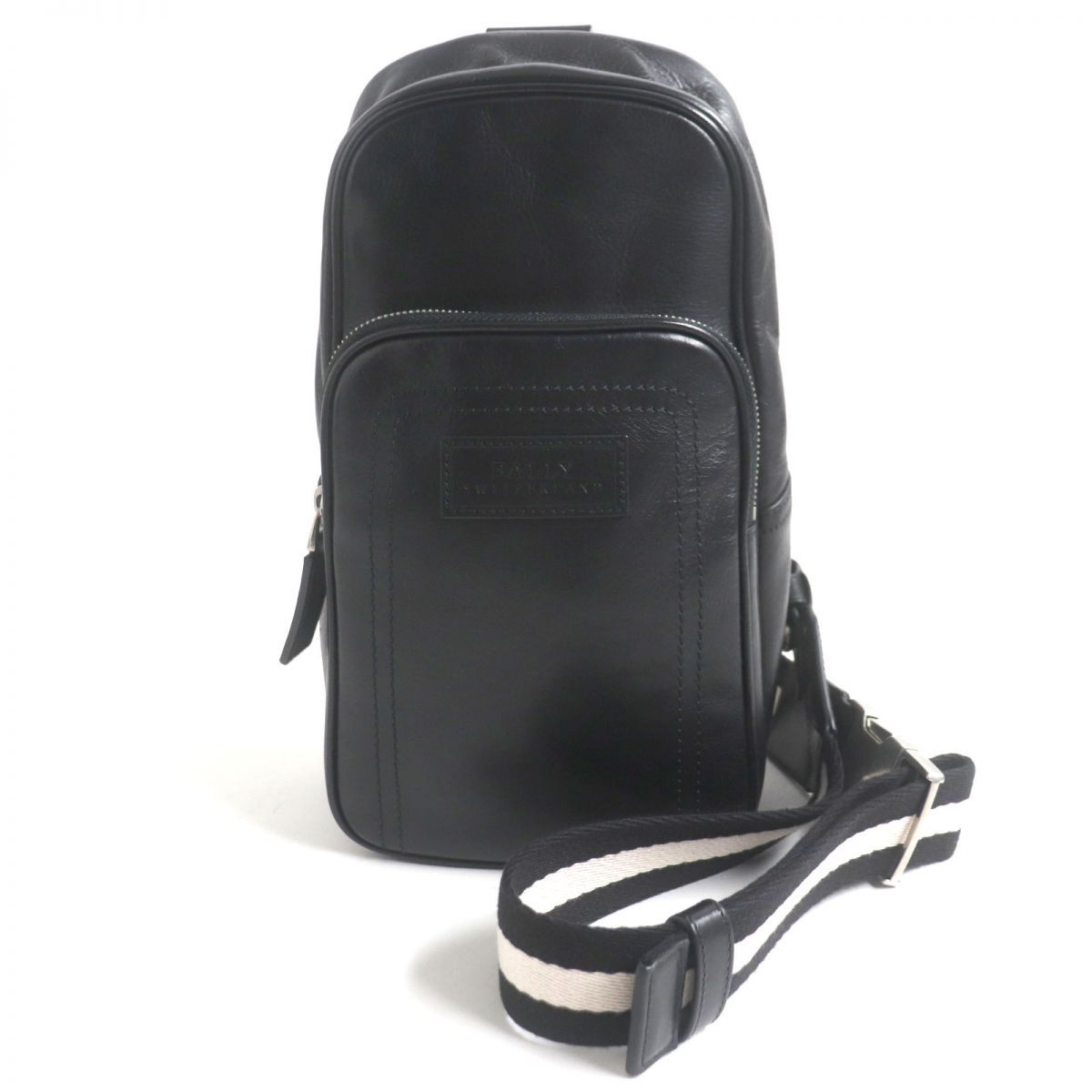 美品▽BALLY バリー THOMA/280 ロゴ刻印入り ストライプ レザー クロス 