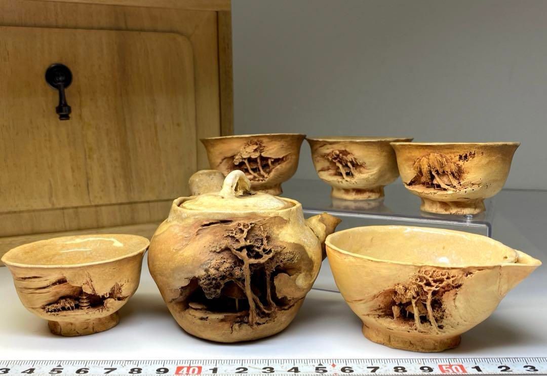 時代 二六焼 上彫煎茶器セット 木 東Y6-0813 2Fチヒサコ