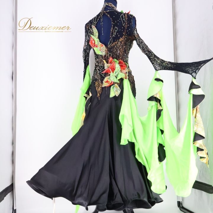 社交ダンス 衣装 ドレス ワンピース フロート デモ 競技 ブラック系 グリーン系 感 上品 レース 透け感 ドレスアップ モダン スカート パーティー コスチューム 舞台衣装 エレガント 光沢感女性用 競技用 LLC-HASEGAWATOSO_COM