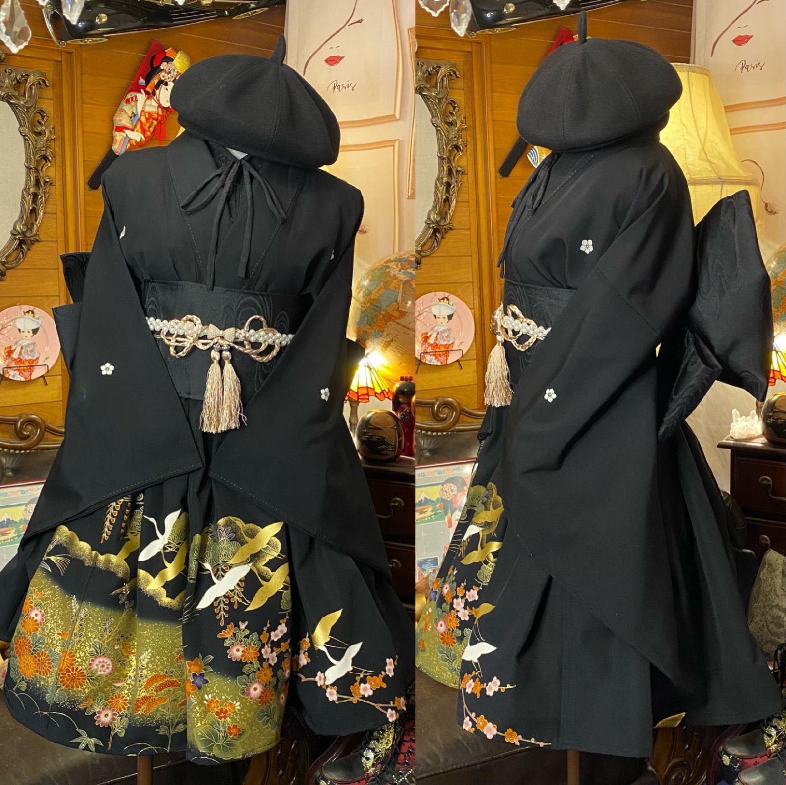 和洋折衷 黒留袖 着物 ミニ丈 ワンピース ドレス 2部式作り帯 和