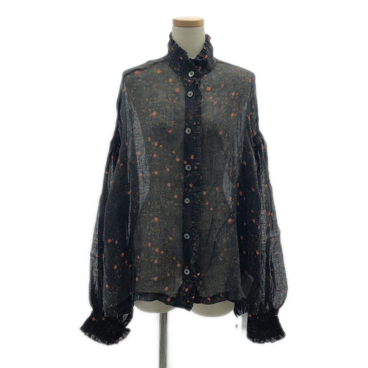 【美品】  GEOFFREY B.SMALL / ジェフリーBスモール | 2024SS | linen blouse / リネン 総柄 フリル ハイネック オーバー シャツ ブラウス | F | black | レディース 美品】 GEOFFREY B.SMALL / ジェフリーBスモール | 2024SS | linen