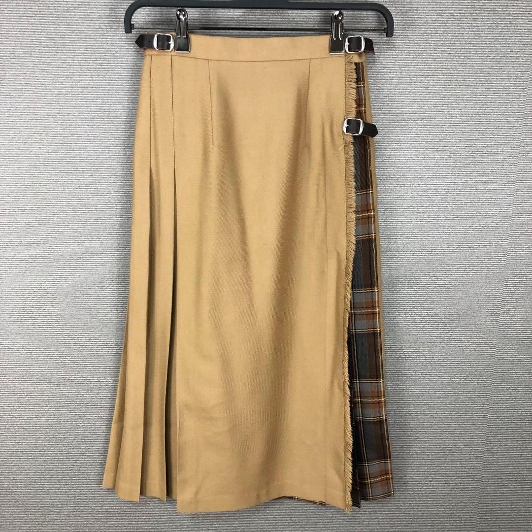 O’NEIL of DUBLIN パッチワーク キルトミモレスカート ウーステッドウール GB8 US6 ベージュ ブラウンチェック オニールオブダブリン