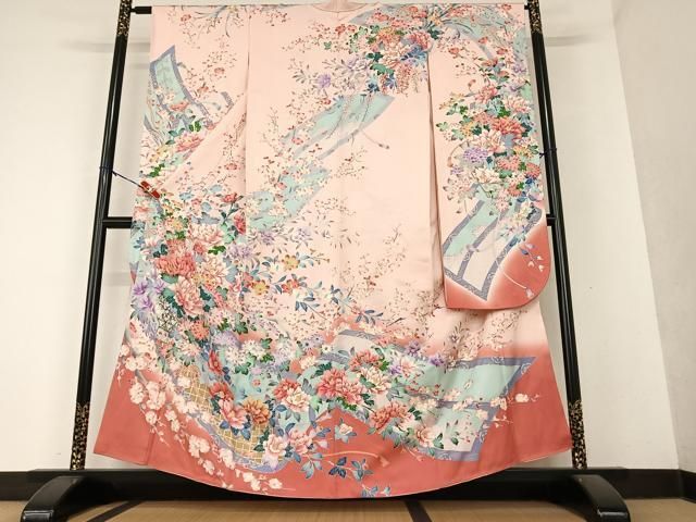 豪華振袖　作家物　絞り　舞花文　暈し染　金彩　着丈167.5cm　正絹 平和屋着物○豪華振袖 駒刺繍 花蝶丸文 暈し染め 金彩 正絹 逸品