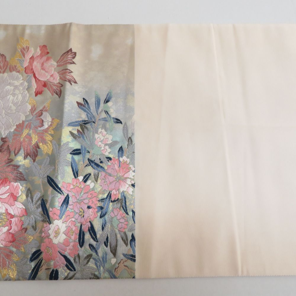 袋帯 正絹 金糸銀糸 パステル系 花々文様 緑色xピンク色 刺繍