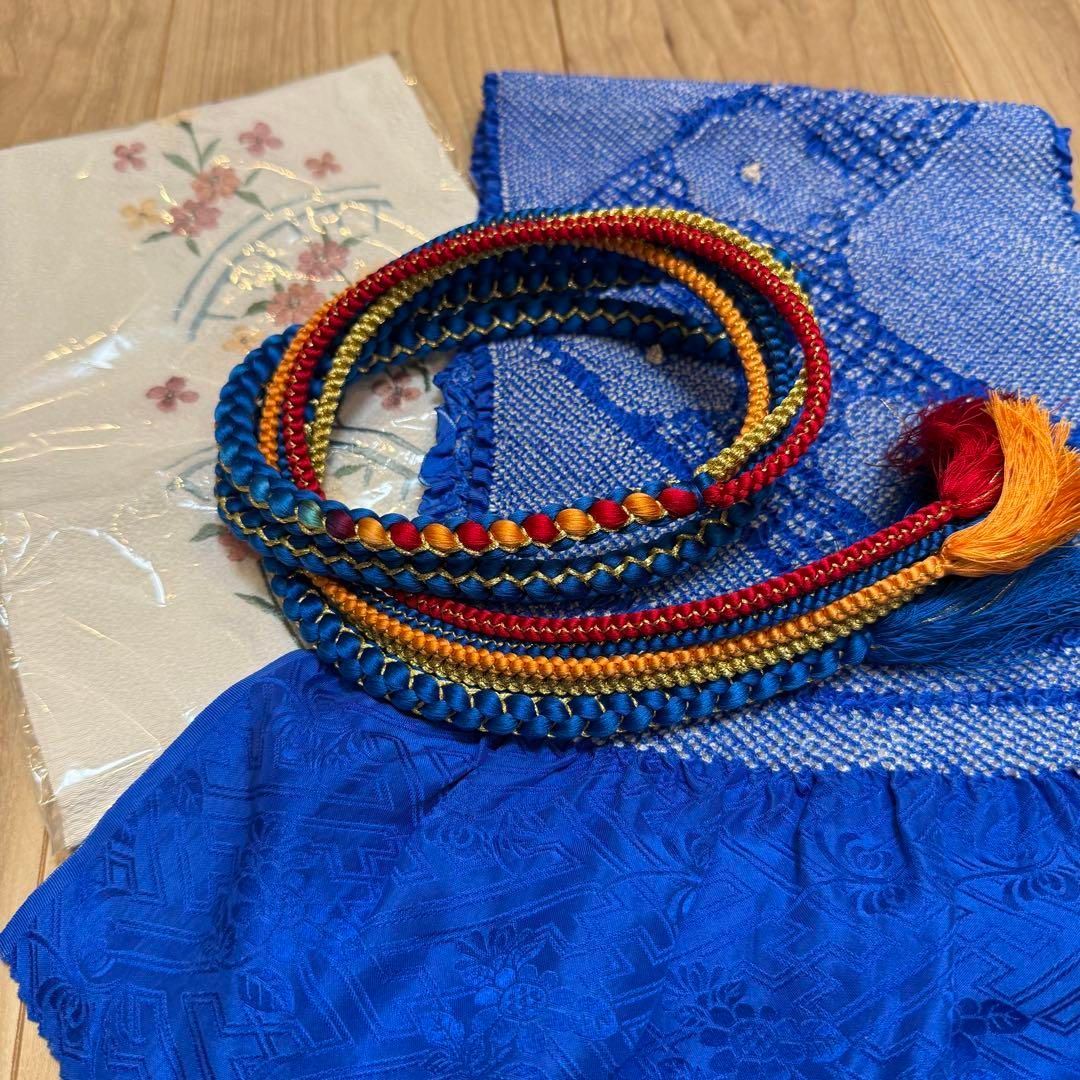 超美品 正絹 振袖用 帯揚げ 帯締め 刺繍半衿 3点セット 青 カラフル