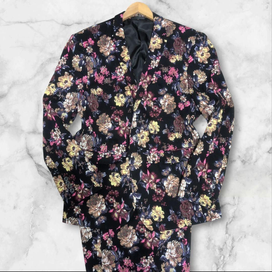 XL相当 メンズスーツ セットアップ 花柄 総柄 ブラック 1ボタン