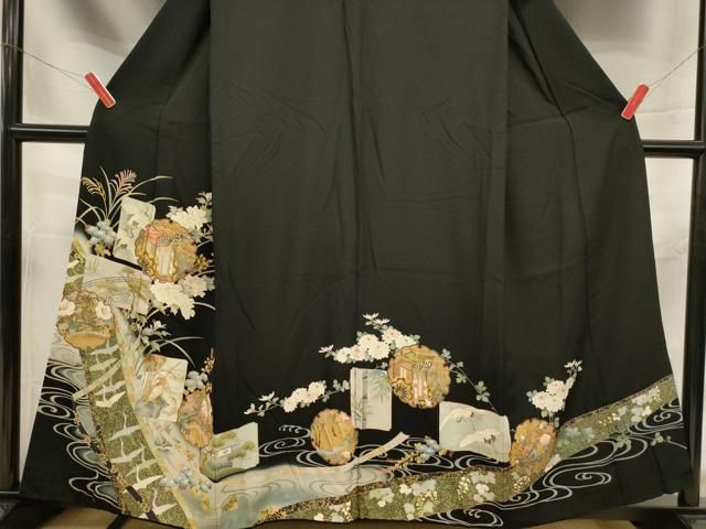 平和屋着物□豪華黒留袖 駒刺繍 御所車雪輪飛鶴花文 金彩 正絹