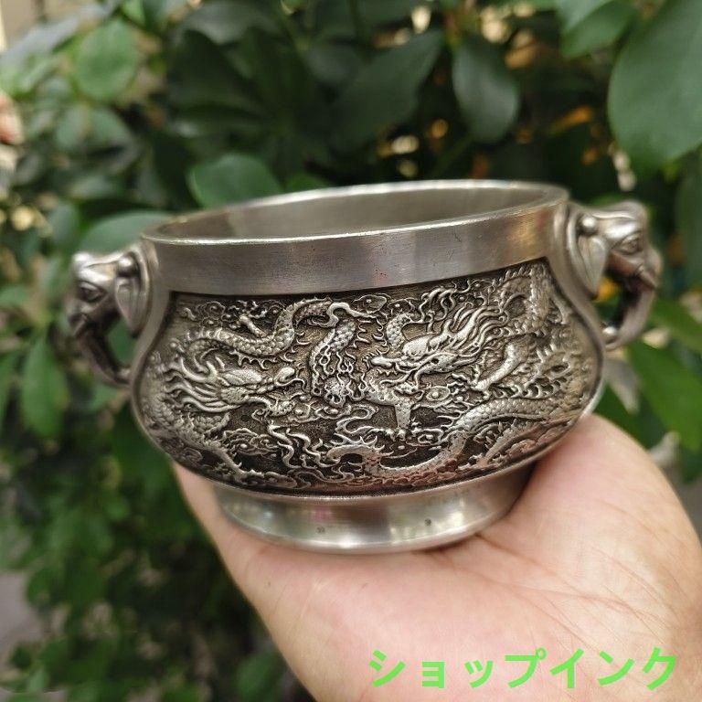 香炉 双獣耳浮彫盤竜薫香炉 香具 仏堂香炉 工芸品 銅製品