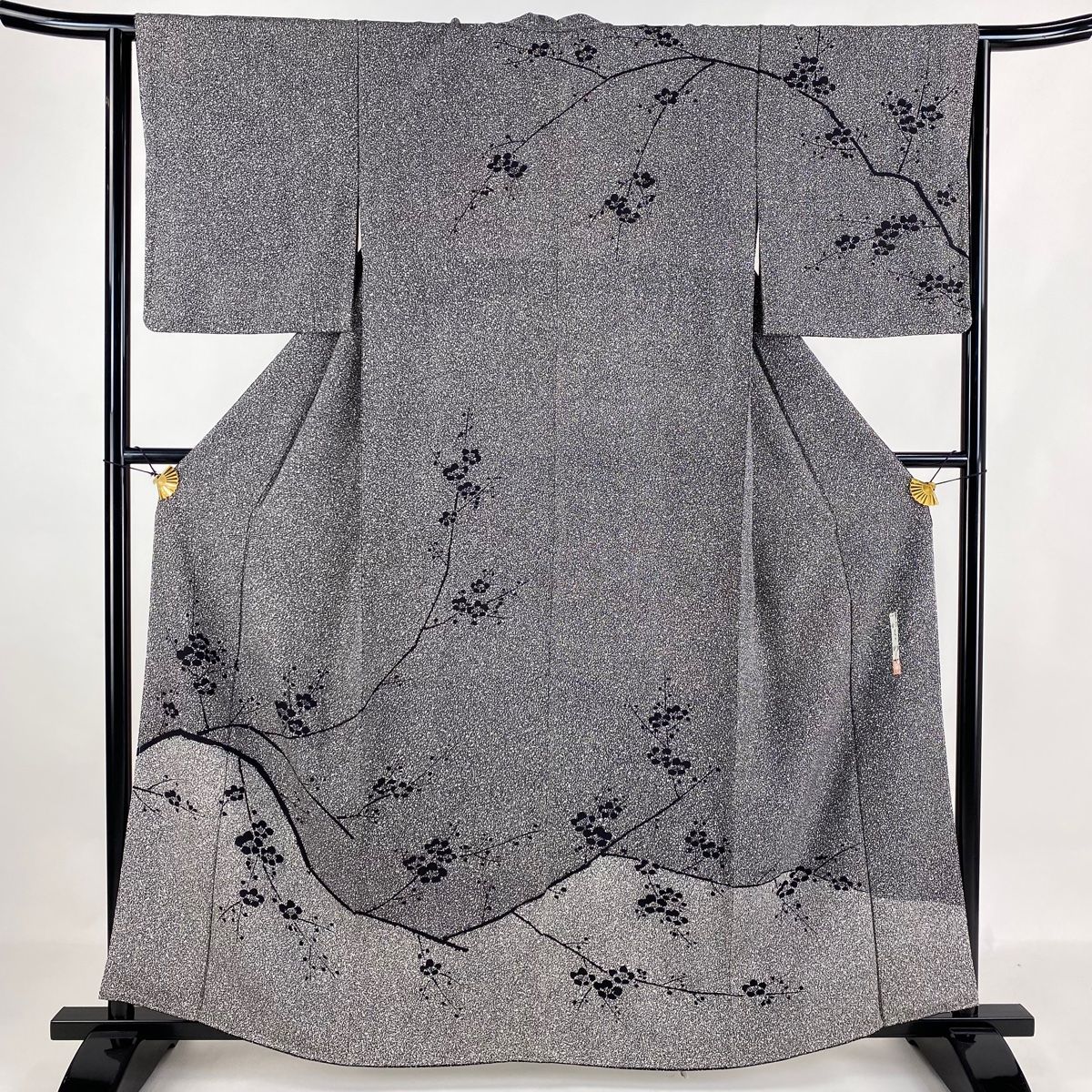 訪問着 身丈160.5cm 裄丈64cm M 袷 川村久太郎 落款 枝梅 幾何学模様 黒 正絹 名品
