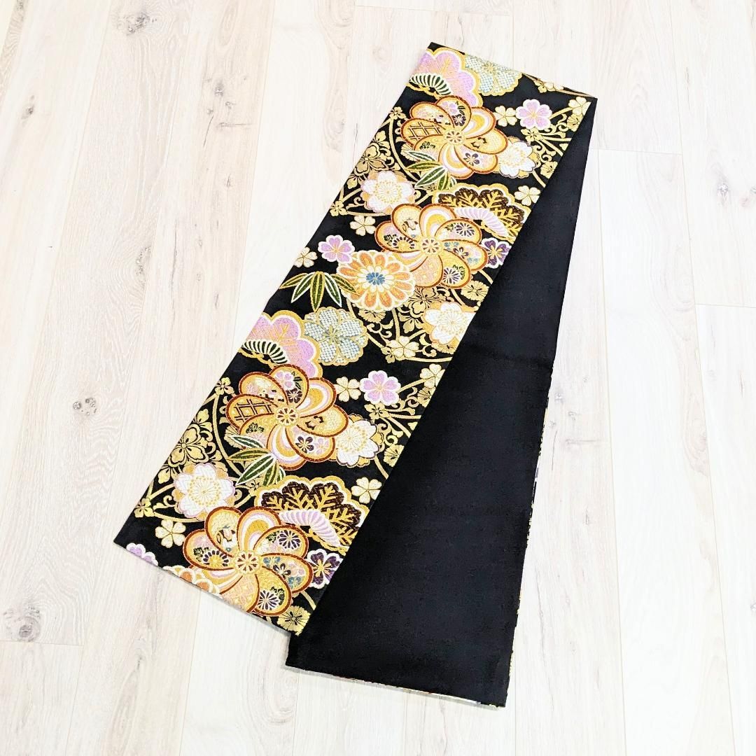 新品・仕立て上がり正絹 袋帯 振袖 黒 松 竹 ねじり梅 古典