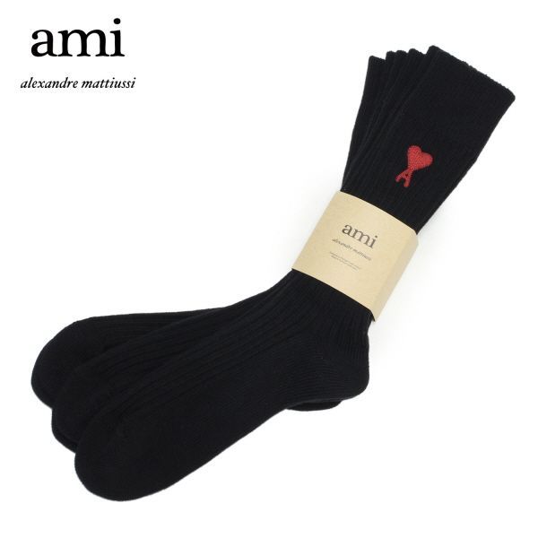 24SSモデル アミ アレクサンドル マテュッシ AMI Alexandre Mattiussi  ユニセックス ロゴ刺しゅう ソックス3Pセット【BLACK】 USC003.379  001/【2024SS】m-inner