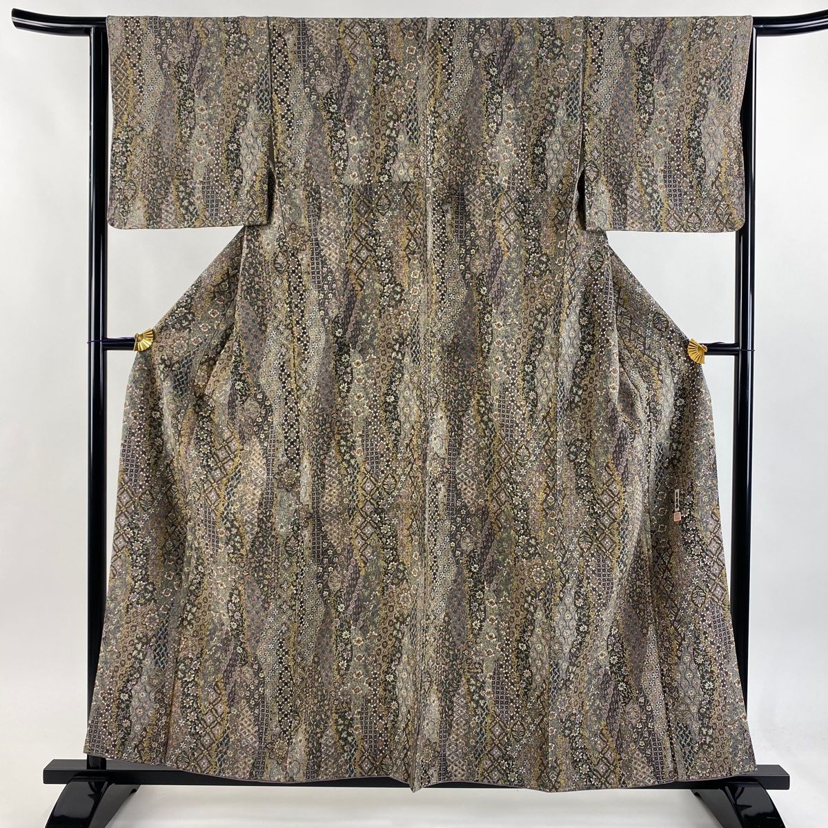 小紋 身丈158cm 裄丈64cm M 袷 二代目 更甚 やまと 落款 更紗 縮緬 灰紫 正絹 秀品