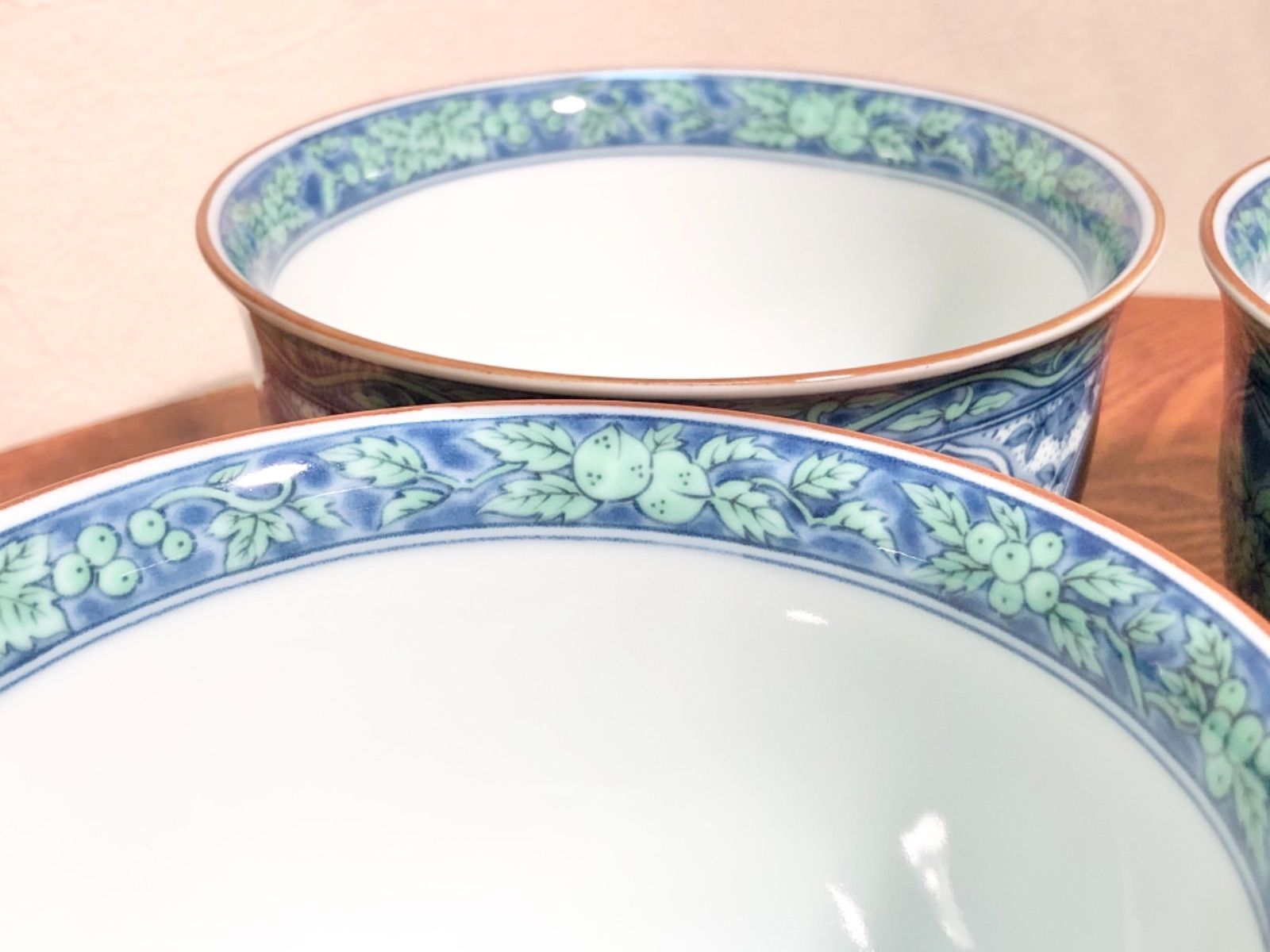未使用品】○庫山窯○小丼4つセット○青華緑彩○色絵染付○美濃