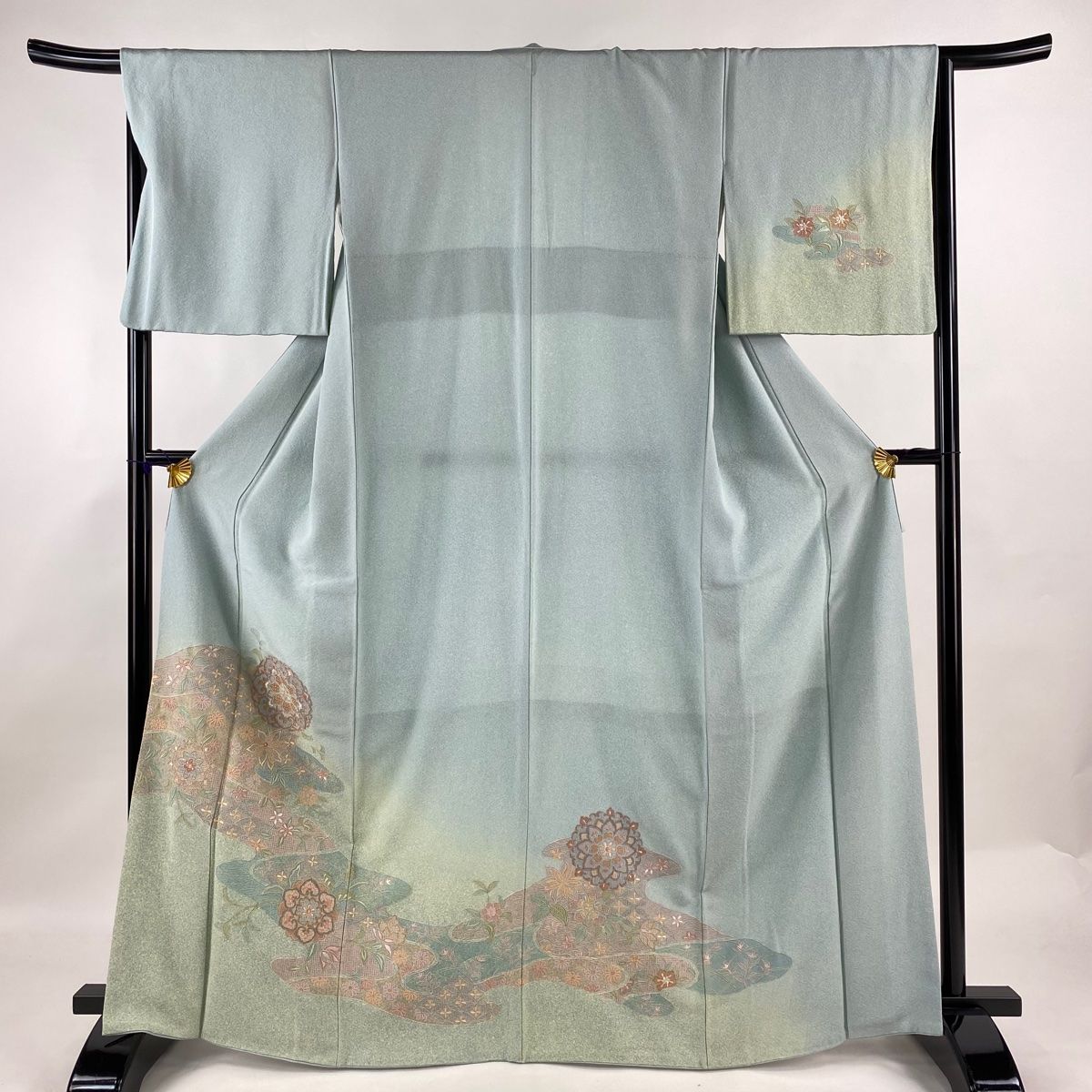 訪問着 身丈165cm 裄丈65.5cm M 袷 華文 七宝 刺繍 ぼかし 水色 正絹 名品