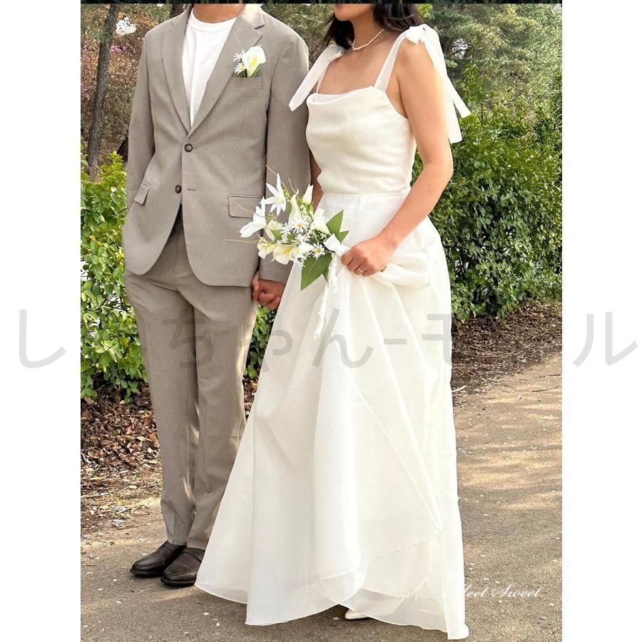 ウェディングドレス ロングドレス Aラインドレス オーガンジー ノースリーブ ワンピース 二次会 結婚式 前撮り ブライダル 花嫁 ウエディン