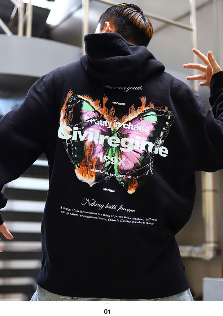 ラスト1点 CIVIL REGIME パーカー プルオーバー ブランド スケボー 長袖 スウェット 裏起毛 メンズ レディース 春秋冬用 ブラック 黒 シヴィルレジーム フードパーカー おしゃれ かっこいい 鉄条網 蝶 ファイヤーパターン 20CV-AW06H ラスト1点【30%OFF】CIVIL REGIME パーカー プルオーバー ブランド