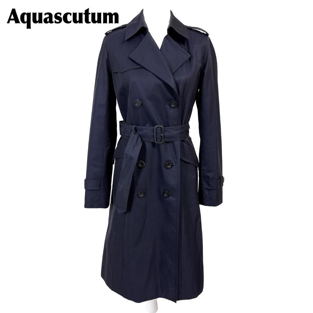 Aquascutum ダブルトレンチコート 8S ネイビー 無地