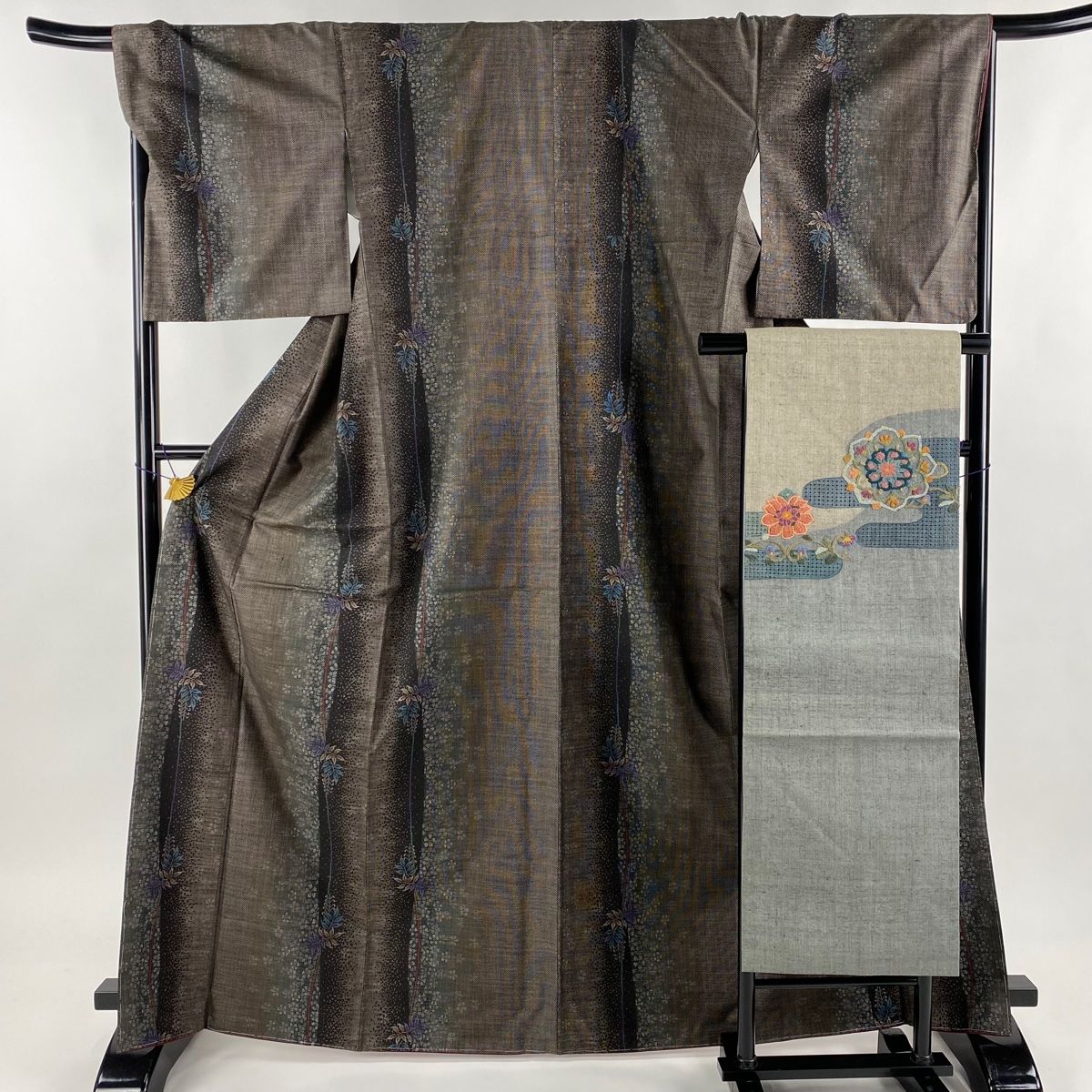 紬 身丈167.5cm 裄丈68cm L 袷 名古屋帯セット 葉柄 藤 焦茶色 正絹 美  