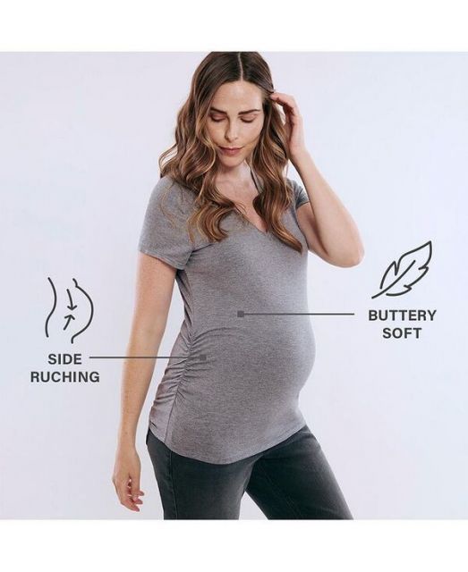 売れ筋商品|||マザーフッドマタニティ カットソー トップス レディース Women's V-Neck Side-Ruched Maternity Short Sleeve Tee - Motherhood Maternity Black Side Ruched Short Sleeve V-Neck Maternity Tee