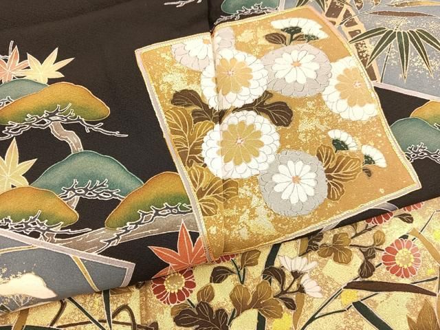 平和屋着物□豪華黒留袖 作家物 駒刺繍 色紙松竹梅 金彩 正絹