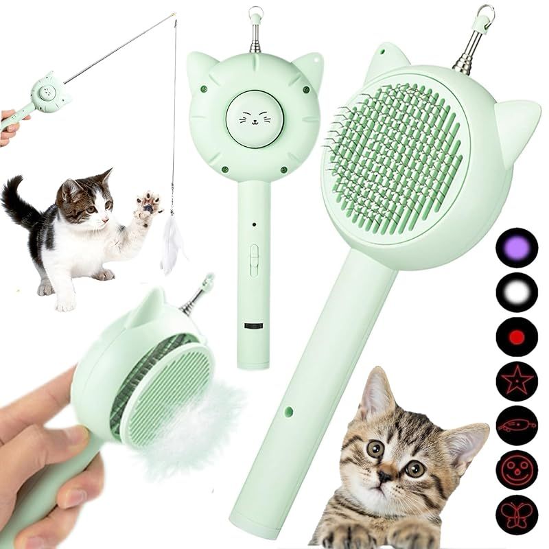 Weyuuyu【2024業界初-5合1多機能猫グッズ】猫 ブラシ 猫 毛取り 猫 おもちゃ LED猫 ポインター 猫じゃらし 光るおもちゃ【7つLEDボード+鈴 釣り竿 替えの羽付き+愛猫の運動不足とストレス解消+ 痛くない 丸洗い】ペット用品 ペットブラシ