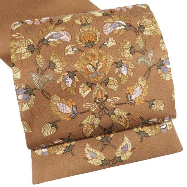 特選 袋帯 リサイクル 正絹 カジュアル 仕立て上がり お太鼓柄 刺繍 花模様 反端付き 香染色 多色 きもの北條 A1285-13