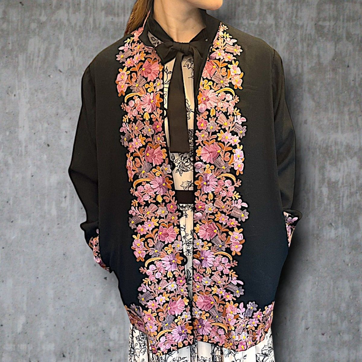 ブラウス カシミール シルク刺繍 高級 花柄 トップス パープル 