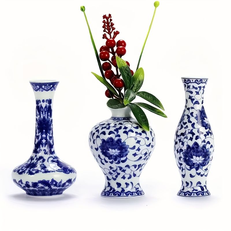 新着商品 青と白の磁器小さな花瓶 3 個セット景徳鎮陶器装飾セラミック
