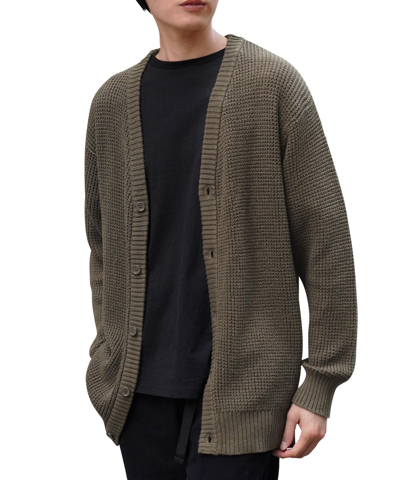 Size M_Color カーキ JIGGYS SHOP ジギーズショップ ワッフルカーディガン｜M カーキ cardigan ニットカーディガン 無地 長袖 黒 灰 秋 秋服 秋物 冬 冬服 冬物 大人 シンプル キレイ目 きれいめ ボリューム 定番 万