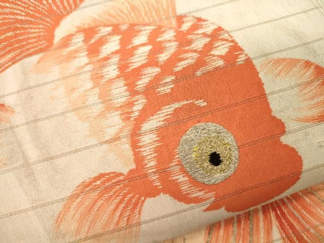 平和屋着物＊夏物 アンティーク 大正ロマン 九寸名古屋帯 刺繍 金魚 金  