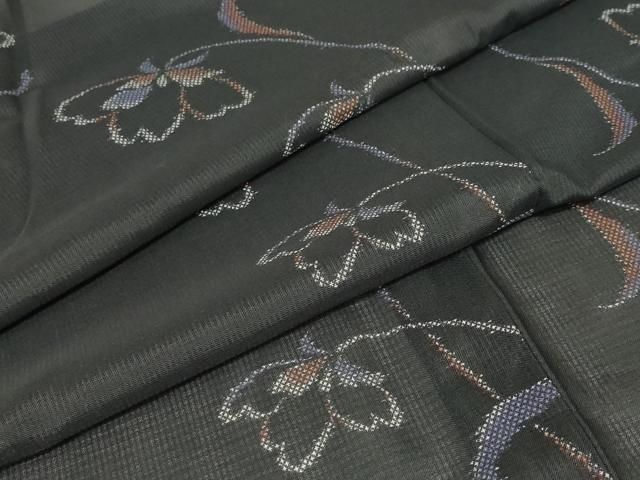 平和屋着物○本藍 型絵染 小紋 流水草花文 鬼しぼ縮緬 正絹 逸品