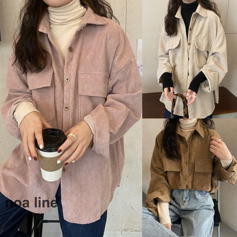 レディースファッション 3色 ス アウター コーデュロイ シャツ レディース 春 秋 ピンク アプリコット ブラウン 茶色 長袖 襟付き シンプル