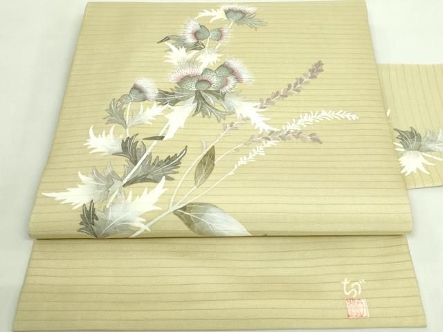 平和屋着物■極上　夏物　華道家　楠目ちづ　絽塩瀬　九寸名古屋帯　手描き　アザミ　木蘭色地　三越扱い　逸品　DZAA8780kh5 平和屋着物□極上 夏物 華道家 楠目ちづ 絽塩瀬 九寸名古屋帯 手描き