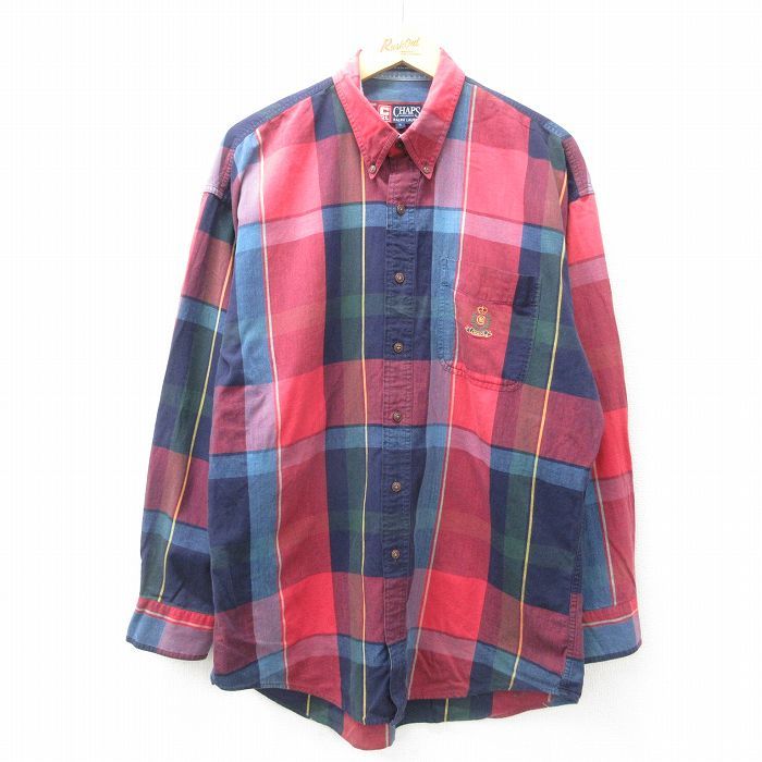 XL/古着 ラルフローレン チャップス 長袖 ブランド シャツ メンズ 90s ワンポイントロゴ 大きいサイズ コットン ボタンダウン 紺他 ネイビ