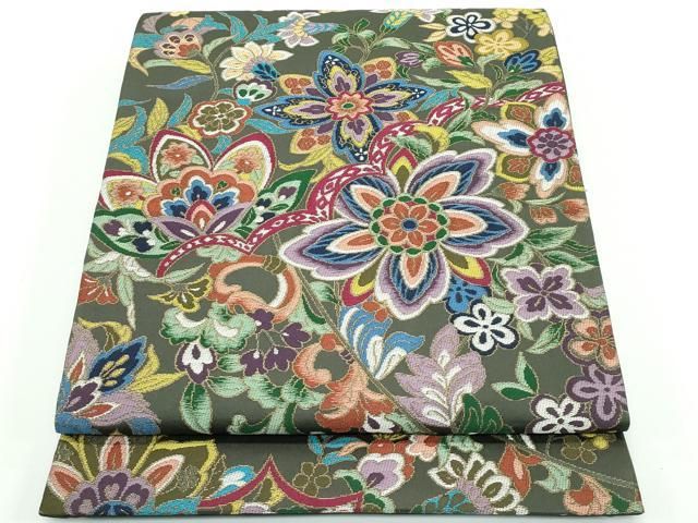 平和屋着物 上 西陣 白綾苑大庭 六通柄袋帯 唐織 草花文 金糸 媚茶色地 CZAA3902s5