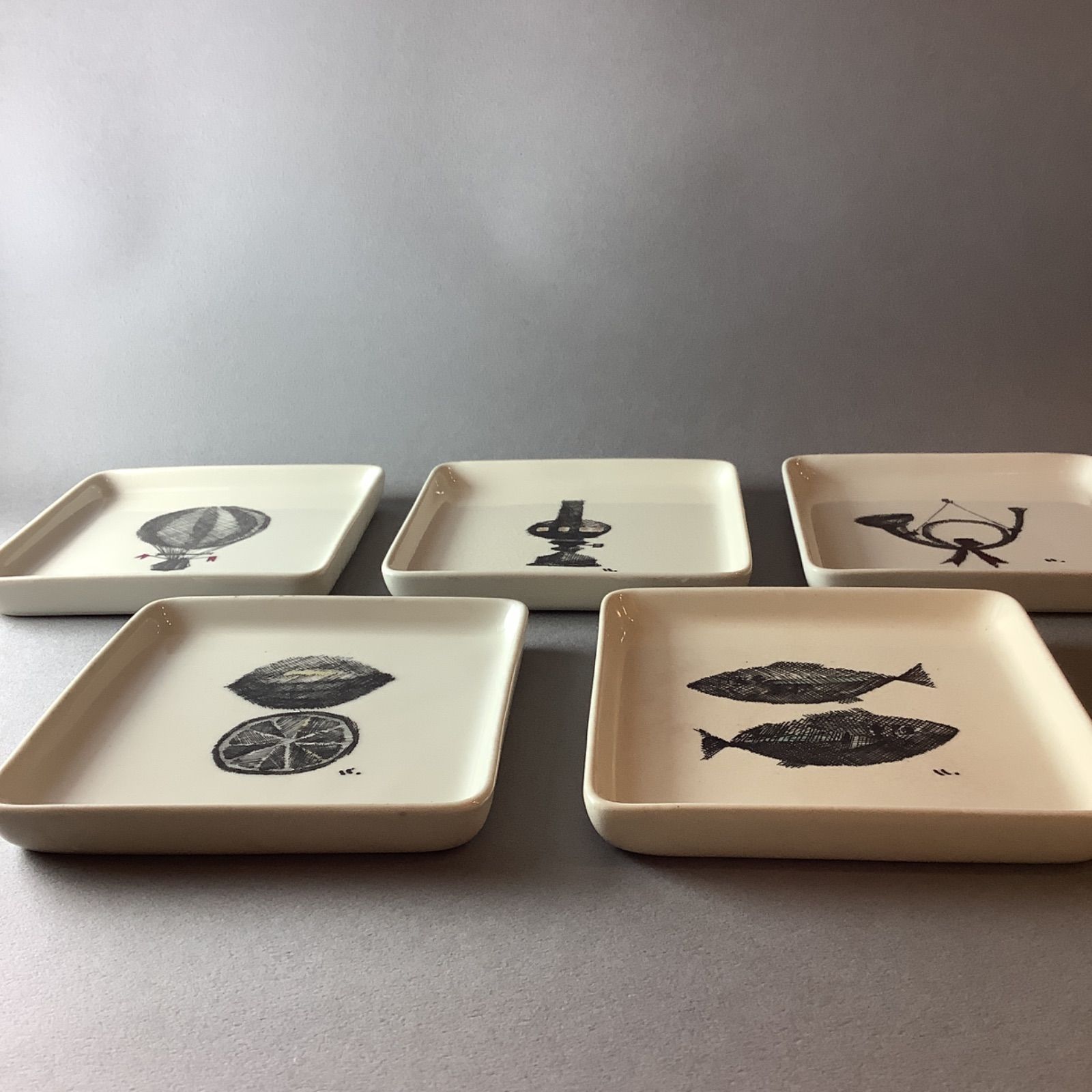 古食器】1960年代 変わりモチーフの絵皿5枚セット 有田焼 ニュアンス