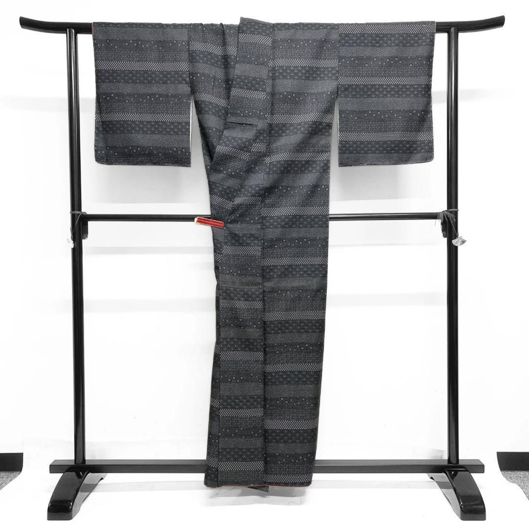 未着用 小紋 横縞 モノトーン 江戸小紋 麻の葉 菊青海波 着物 023a d