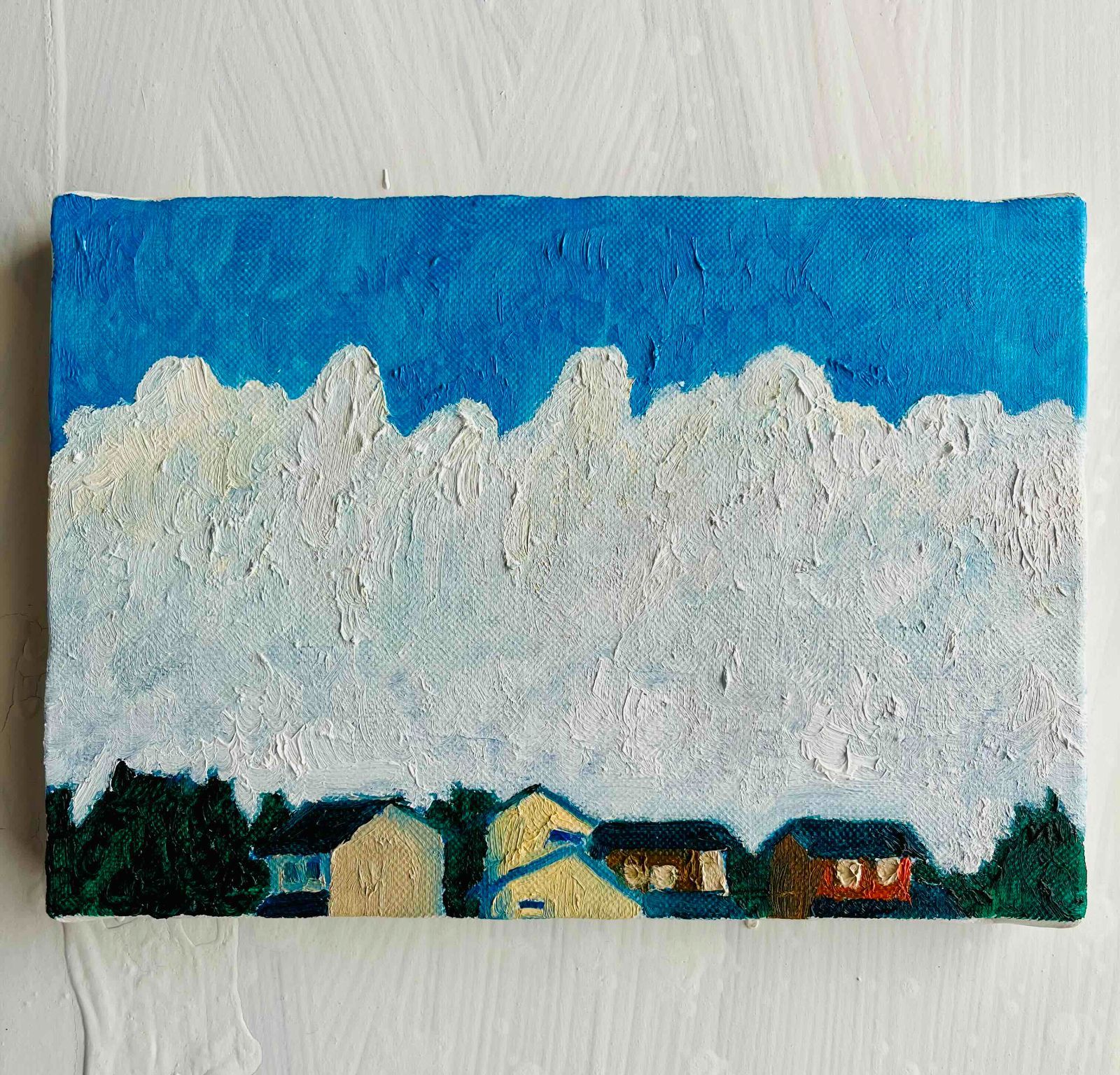 16×23㎝「民家と巨大雲の在る風景 20253-1」油彩・原画・サムホール 
