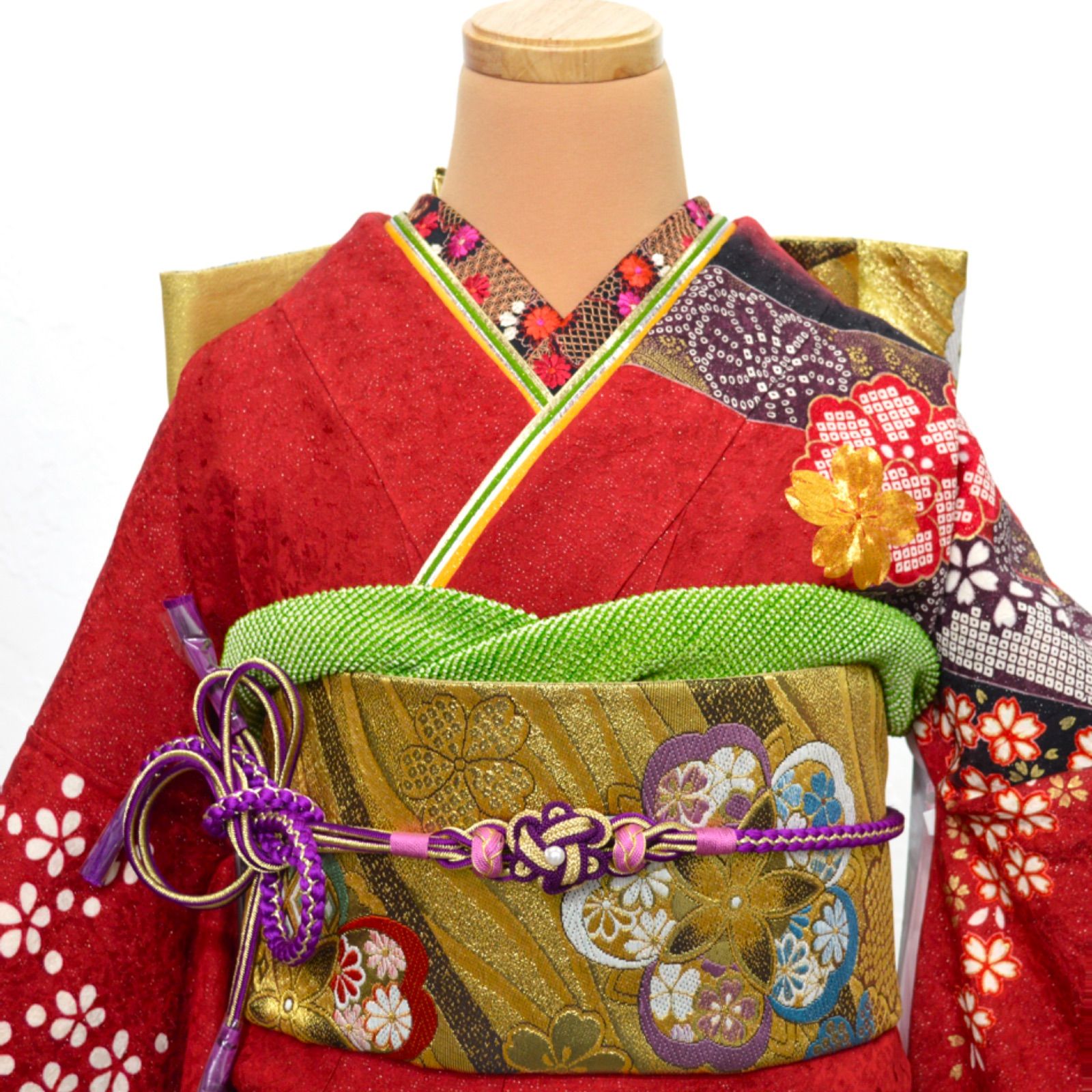 美品》正絹 振袖フルセット S〜Lサイズ 成人式 振袖セット 大胆柄 金駒