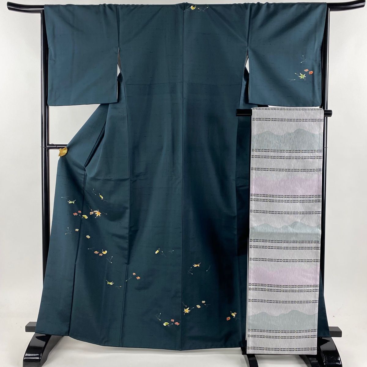 付下げ 身丈165cm 裄丈65.5cm M 袷 証紙 石畳 紬地 灰緑 正絹 美品  