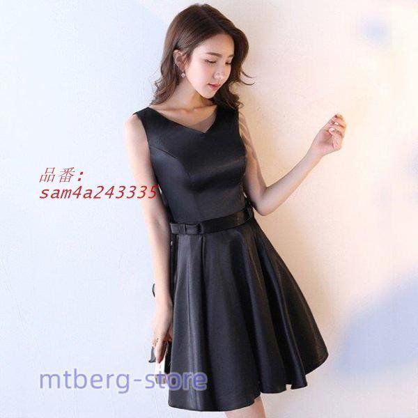 黒 ドレス ショート丈 ノースリーブ ミニドレス パーティードレス リボン Vネック 二次会ドレス エレ20代 お洒落 30代 お呼ばれ am4a243335