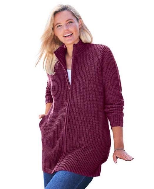 送料無料 ウーマン ウィズイン レディース ニット セーター アウター Plus Size Zip Front Shaker Cardigan Deep claret