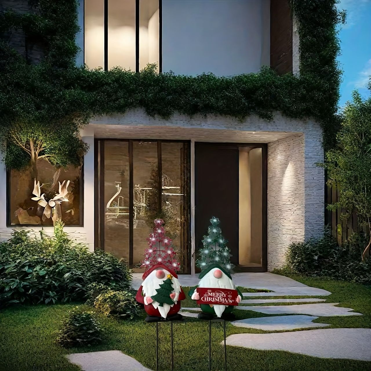 クリスマス ガーデンステーク ガーデンピック 2人のサンタクロース 緑 赤 ガーデニング ガーデン 装飾 庭 屋外 プランター インテリア ギフト 埋め込み 芝生 DIY オシャレ クリスマス装飾 2個セット 鉄